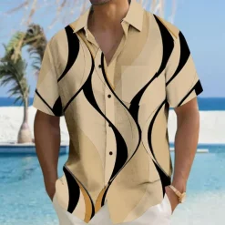 Men's Geometric Lines / Waves Geometric Pattern Button Up Shirt Printed Shirts Short Sleeve Hawaiian Resort Causal Casual Daily Summer Turndown Print Button-Down Black White Blue Khaki
