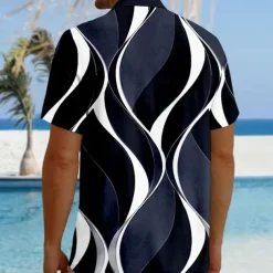 Men's Geometric Lines / Waves Geometric Pattern Button Up Shirt Printed Shirts Short Sleeve Hawaiian Resort Causal Casual Daily Summer Turndown Print Button-Down Black White Blue Khaki