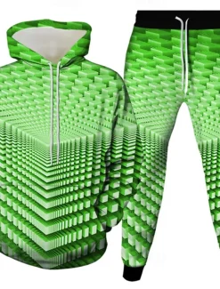 Men's Geometric Optical Illusion 2pcs 3D Sweatshirt Sets Tracksuit Hoodie Sweatshirt Long Sleeve Long pants Hooded Casual Daily Athleisure 3D Print Spring Fall Winter Yellow Green Red