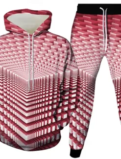 Men's Geometric Optical Illusion 2pcs 3D Sweatshirt Sets Tracksuit Hoodie Sweatshirt Long Sleeve Long pants Hooded Casual Daily Athleisure 3D Print Spring Fall Winter Yellow Green Red