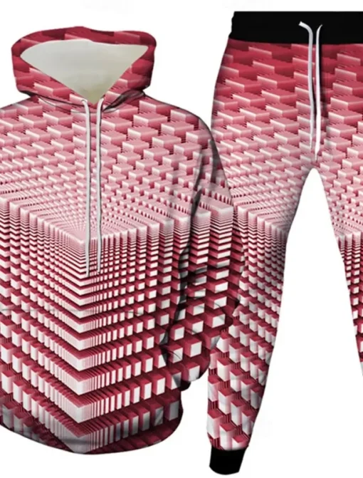 Men's Geometric Optical Illusion 2pcs 3D Sweatshirt Sets Tracksuit Hoodie Sweatshirt Long Sleeve Long pants Hooded Casual Daily Athleisure 3D Print Spring Fall Winter Yellow Green Red