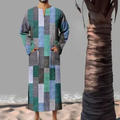 Men's Geometric Pattern Shirt Button Up Shirt Muslim Thobe Long Sleeve Vintage Fashion Designer Outdoor Fall & Winter V Neck Print Yellow Light Green Pink Blue Green