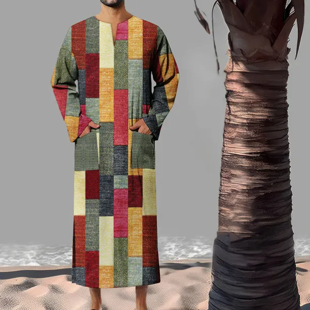 Men's Geometric Pattern Shirt Button Up Shirt Muslim Thobe Long Sleeve Vintage Fashion Designer Outdoor Fall & Winter V Neck Print Yellow Light Green Pink Blue Green