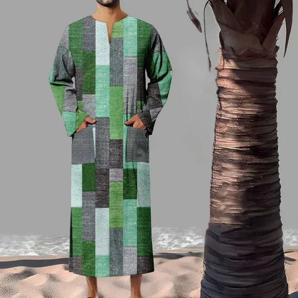 Men's Geometric Pattern Shirt Button Up Shirt Muslim Thobe Long Sleeve Vintage Fashion Designer Outdoor Fall & Winter V Neck Print Yellow Light Green Pink Blue Green