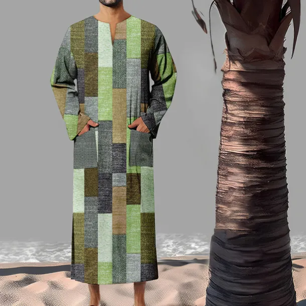 Men's Geometric Pattern Shirt Button Up Shirt Muslim Thobe Long Sleeve Vintage Fashion Designer Outdoor Fall & Winter V Neck Print Yellow Light Green Pink Blue Green