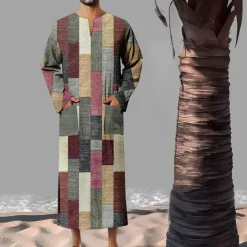 Men's Geometric Pattern Shirt Button Up Shirt Muslim Thobe Long Sleeve Vintage Fashion Designer Outdoor Fall & Winter V Neck Print Yellow Light Green Pink Blue Green