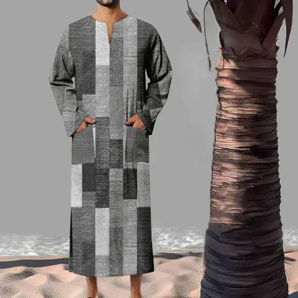 Men's Geometric Pattern Shirt Button Up Shirt Muslim Thobe Long Sleeve Vintage Fashion Designer Outdoor Fall & Winter V Neck Print Yellow Light Green Pink Blue Green