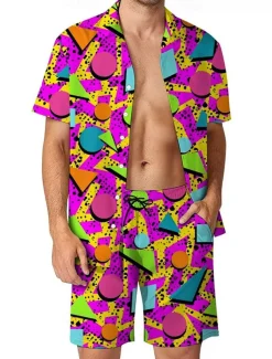 Men's Geometric 2pcs Shirts Sets Summer Tops Short Sleeve Short Pants Turndown Casual Outdoor Home Casual 3D Print Summer Robin's Egg Blue Black Red