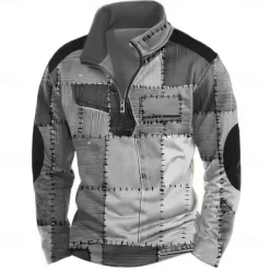 Men's Geometric Plaid 3D Sweatshirt Casual Long Sleeve High Neck Party Club Blue Brown Zipper Quarter Zip Fall Winter Designer