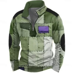 Men's Geometric Plaid 3D Sweatshirt Casual Long Sleeve High Neck Party Club Blue Brown Zipper Quarter Zip Fall Winter Designer