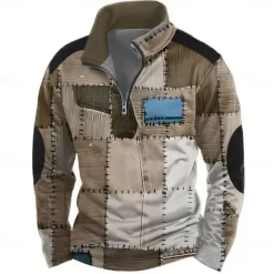 Men's Geometric Plaid 3D Sweatshirt Casual Long Sleeve High Neck Party Club Blue Brown Zipper Quarter Zip Fall Winter Designer