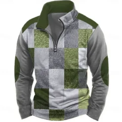 Men's Geometric Plaid Sweatshirt Casual Vintage Retro Long Sleeve High Neck Outdoor Streetwear Red Blue Zipper Quarter Zip Fall Winter Designer