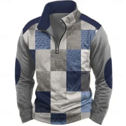 Men's Geometric Plaid Sweatshirt Casual Vintage Retro Long Sleeve High Neck Outdoor Streetwear Red Blue Zipper Quarter Zip Fall Winter Designer