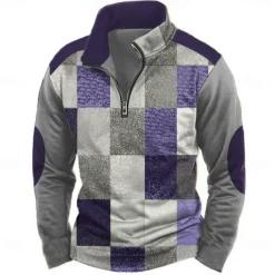 Men's Geometric Plaid Sweatshirt Casual Vintage Retro Long Sleeve High Neck Outdoor Streetwear Red Blue Zipper Quarter Zip Fall Winter Designer