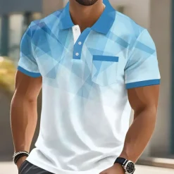 Men's Geometric Polo Short Sleeve Turndown Business Casual Daily Sports & Outdoor Business Casual Daily Pocket Buttons Summer Robin's Egg Blue Dark Blue Green