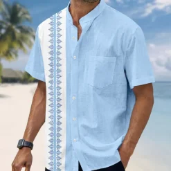 Men's Geometric Shirt Guayabera Shirt Stand Collar Shirt Short Sleeve Fashion Casual Vacation Holiday Beach Wear Summer Spring Mandarin Collar Band Collar Grandad Collar 3D Print Linen Like Shirt