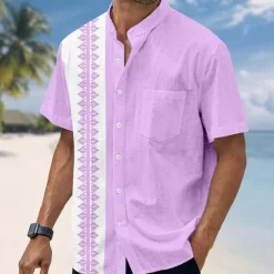 Men's Geometric Shirt Guayabera Shirt Stand Collar Shirt Short Sleeve Fashion Casual Vacation Holiday Beach Wear Summer Spring Mandarin Collar Band Collar Grandad Collar 3D Print Linen Like Shirt