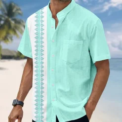 Men's Geometric Shirt Guayabera Shirt Stand Collar Shirt Short Sleeve Fashion Casual Vacation Holiday Beach Wear Summer Spring Mandarin Collar Band Collar Grandad Collar 3D Print Linen Like Shirt