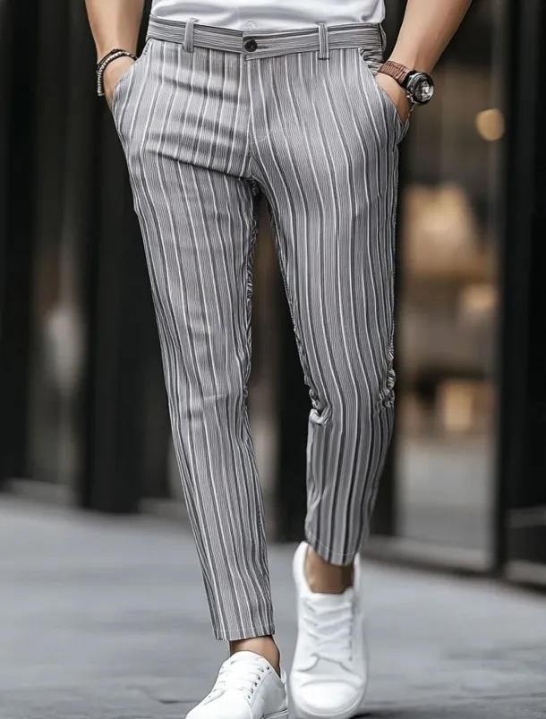 Men's Geometric Striped Dress Pants Trousers Mid Waist Business Casual Outdoor Vacation Streetwear with Pockets Slim Fit Flat-Front Summer Spring Fall 3D Print khaki Gray