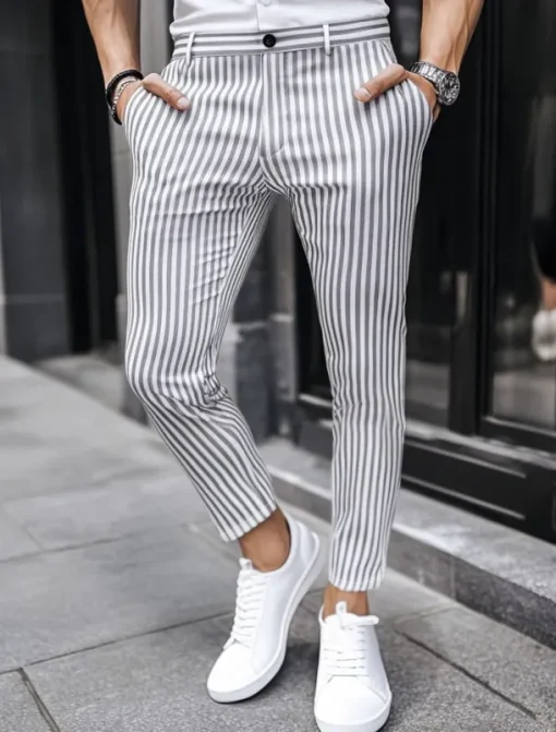 Men's Geometric Striped Dress Pants Trousers Mid Waist Business Casual Outdoor Vacation Streetwear with Pockets Slim Fit Flat-Front Summer Spring Fall 3D Print Yellow Beige Gray
