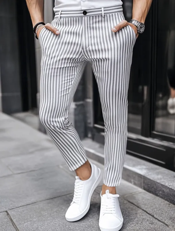 Men's Geometric Striped Dress Pants Trousers Mid Waist Business Casual Outdoor Vacation Streetwear with Pockets Slim Fit Flat-Front Summer Spring Fall 3D Print Yellow Beige Gray