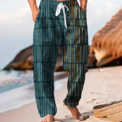 Men's Geometric Striped Mixed Color Trousers Baggy Pants Casual Pants Mid Waist Hawaiian Casual Outdoor Vacation Holiday Wide Leg Summer Spring 3D Print Red Blue