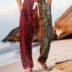 Men's Geometric Striped Mixed Color Trousers Baggy Pants Casual Pants Mid Waist Hawaiian Casual Outdoor Vacation Holiday Wide Leg Summer Spring 3D Print Red Blue