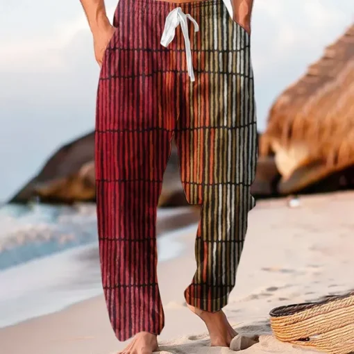 Men's Geometric Striped Mixed Color Trousers Baggy Pants Casual Pants Mid Waist Hawaiian Casual Outdoor Vacation Holiday Wide Leg Summer Spring 3D Print Red Blue