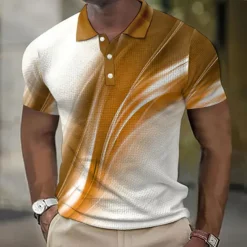 Men's Geometric Waffle Polo Shirts Golf Shirt Short Sleeve Polo Shirts Collared Shirts Business Casual Vacation Wear Formal Wear Festival Wear Buttons 3D Print Yellow Red Royal Blue