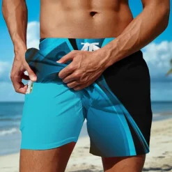 Men's Geometric Waves Gradient Color Lined Shorts 2 in 1 Board Shorts Swim Shorts Mid Waist Hawaiian Holiday Beach Wear Side Pockets With Compression Liner Elastic Drawstring Waist Designer Clothing
