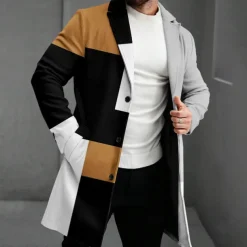 Men's Geometric Winter Coat Fleece Jacket Overcoat Thermal Comfortable Casual Party Evening Wear Street Daily Wear Buttons 3D Print Front Pocket Winter Turndown Long Sleeve Yellow Red Blue