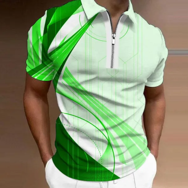 Men's Geometric Zip Polo Shirts Golf Shirt Short Sleeve Polo Shirts Collared Shirts Business Casual Vacation Wear Formal Wear Festival Wear 3D Print Quarter Zip Polo Yellow Army Green Red