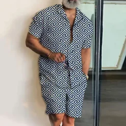 Men's Geometry Ethnic 2pcs Shirts Sets Summer Hawaiian Shirt Short Sleeve Short Pants Cuban Collar Fashion Streetwear Designer Outdoor Street Daily Print Summer Spring Black Yellow Blue