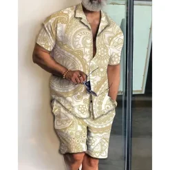 Men's Geometry Ethnic 2pcs Shirts Sets Summer Hawaiian Shirt Short Sleeve Short Pants Cuban Collar Fashion Streetwear Designer Outdoor Street Daily Print Summer Spring Black Yellow Blue