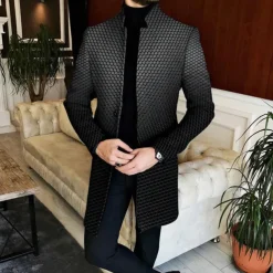 Men's Geometry Gradual Winter Coat Overcoat Coat Warm Breathable Comfortable Business Casual Work Wear to work Going out Pocket Print Fall & Winter Stand Collar Long Sleeve Navy Blue Blue Gray