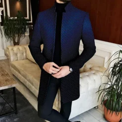 Men's Geometry Gradual Winter Coat Overcoat Coat Warm Breathable Comfortable Business Casual Work Wear to work Going out Pocket Print Fall & Winter Stand Collar Long Sleeve Navy Blue Blue Gray