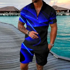 Men's Geometry Polo Shirt Golf Shirt Polo Set Short Sleeve Shirt Turndown Street Casual Black Yellow Blue Light Blue Zipper 2 Piece Clothing Apparel Fashion Designer Casual Breathable