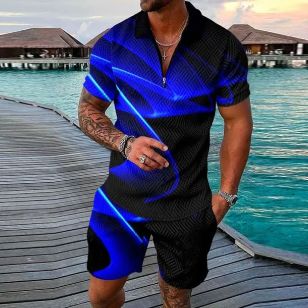 Men's Geometry Polo Shirt Golf Shirt Polo Set Short Sleeve Shirt Turndown Street Casual Black Yellow Blue Light Blue Zipper 2 Piece Clothing Apparel Fashion Designer Casual Breathable