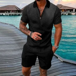 Men's Geometry Polo Shirt Golf Shirt Polo Set Short Sleeve Shirt Turndown Street Casual Black Yellow Blue Light Blue Zipper 2 Piece Clothing Apparel Fashion Designer Casual Breathable