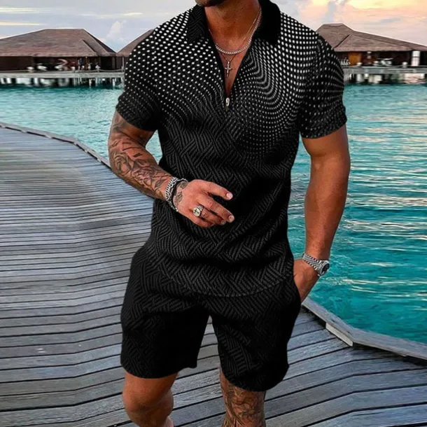 Men's Geometry Polo Shirt Golf Shirt Polo Set Short Sleeve Shirt Turndown Street Casual Black Yellow Blue Light Blue Zipper 2 Piece Clothing Apparel Fashion Designer Casual Breathable