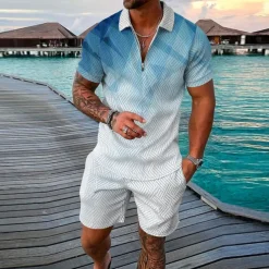 Men's Geometry Polo Shirt Golf Shirt Polo Set Short Sleeve Shirt Turndown Street Casual Black Yellow Blue Light Blue Zipper 2 Piece Clothing Apparel Fashion Designer Casual Breathable