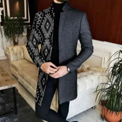 Men's Geometry Winter Coat Overcoat Coat Warm Breathable Comfortable Vintage Business Work Wear to work Going out Pocket Print Fall & Winter Stand Collar Long Sleeve Black Red Blue