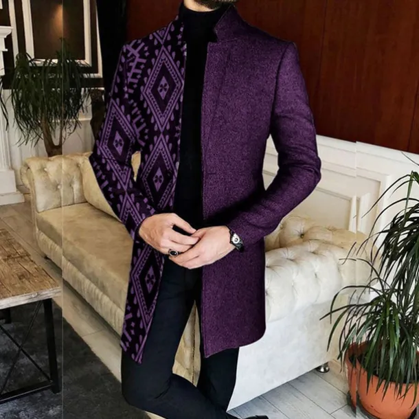 Men's Geometry Winter Coat Overcoat Coat Warm Breathable Comfortable Vintage Business Work Wear to work Going out Pocket Print Fall & Winter Stand Collar Long Sleeve Black Red Blue