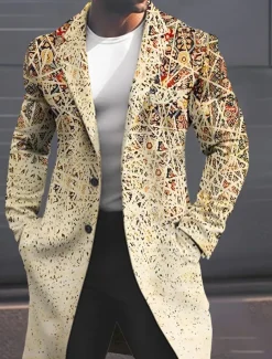 Men's Geometry Winter Coat Overcoat Coat Warm Breathable Comfortable Fashion Streetwear Business Work Wear to work Going out Pocket Print Fall & Winter Turndown Long Sleeve Yellow Pink Blue