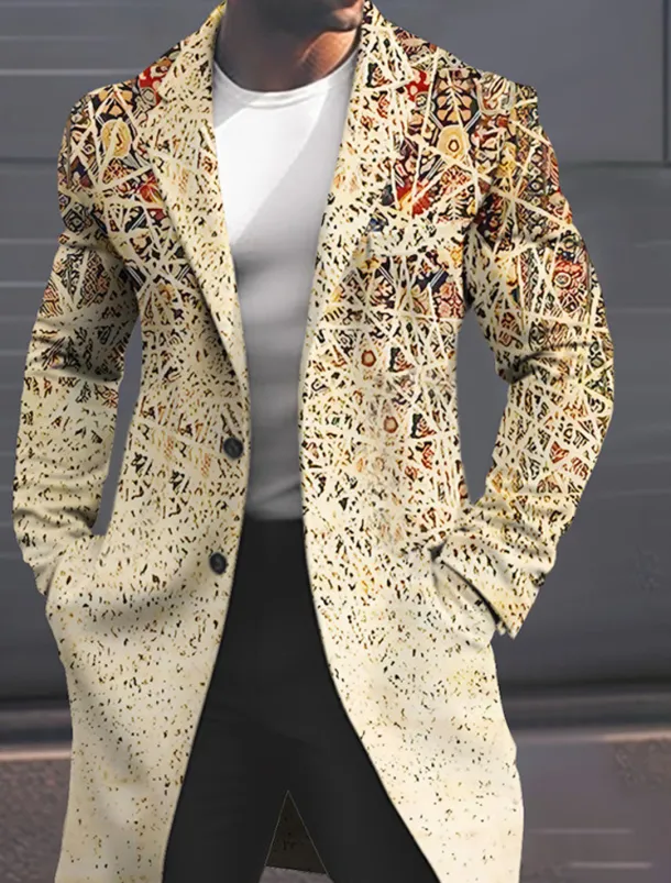 Men's Geometry Winter Coat Overcoat Coat Warm Breathable Comfortable Fashion Streetwear Business Work Wear to work Going out Pocket Print Fall & Winter Turndown Long Sleeve Yellow Pink Blue