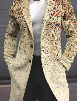 Men's Geometry Winter Coat Overcoat Coat Warm Breathable Comfortable Fashion Streetwear Business Work Wear to work Going out Pocket Print Fall & Winter Turndown Long Sleeve Yellow Pink Blue