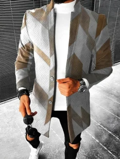 Men's Geometry Winter Coat Overcoat Coat Warm Breathable Comfortable Fashion Streetwear Business Work Wear to work Going out Pocket Print Fall & Winter Turndown Long Sleeve Brown khaki Gray
