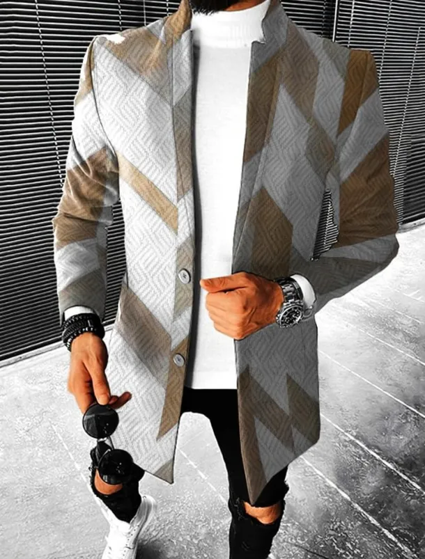 Men's Geometry Winter Coat Overcoat Coat Warm Breathable Comfortable Fashion Streetwear Business Work Wear to work Going out Pocket Print Fall & Winter Turndown Long Sleeve Brown khaki Gray