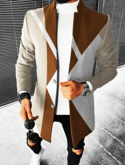 Men's Geometry Winter Coat Overcoat Coat Warm Breathable Comfortable Fashion Streetwear Business Work Wear to work Going out Pocket Print Fall & Winter Turndown Long Sleeve Brown khaki Gray