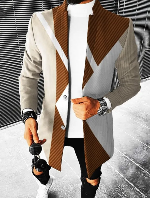 Men's Geometry Winter Coat Overcoat Coat Warm Breathable Comfortable Fashion Streetwear Business Work Wear to work Going out Pocket Print Fall & Winter Turndown Long Sleeve Brown khaki Gray